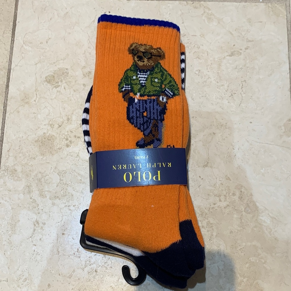 Polo by Ralph Lauren Men's Orange and Blue Bear Socks 2 pack